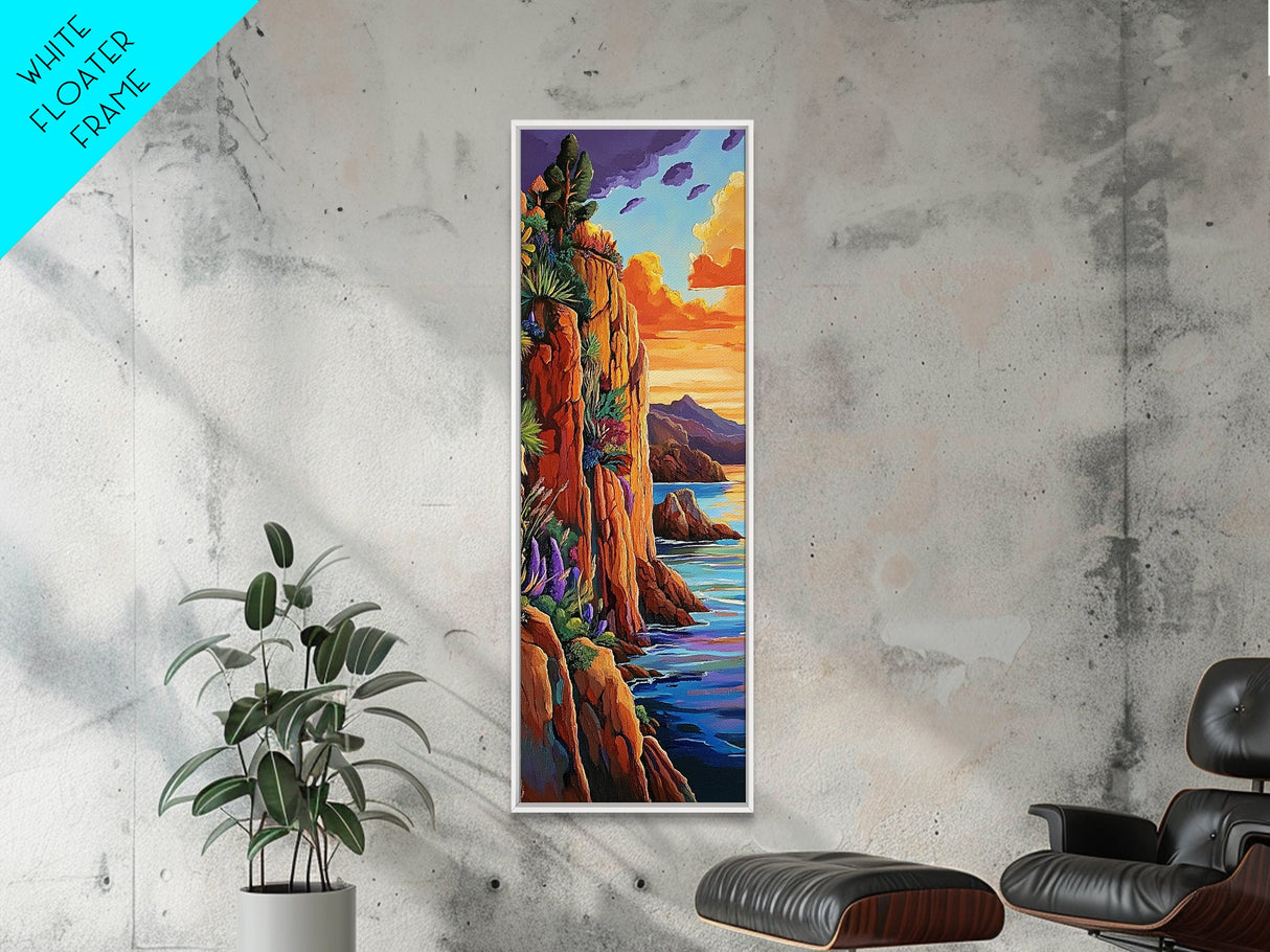 Sunset Cliffside, Ocean Tropical, Framed Canvas Print, Bold rocky coastline painting, tropical wall art, den or office decor piece