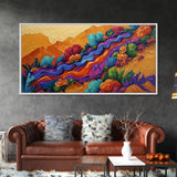 Mountains Flowers, Layers, Texture, Canvas Print, colorful impasto abstract mountain scene, modern art piece, textured fall wall decor