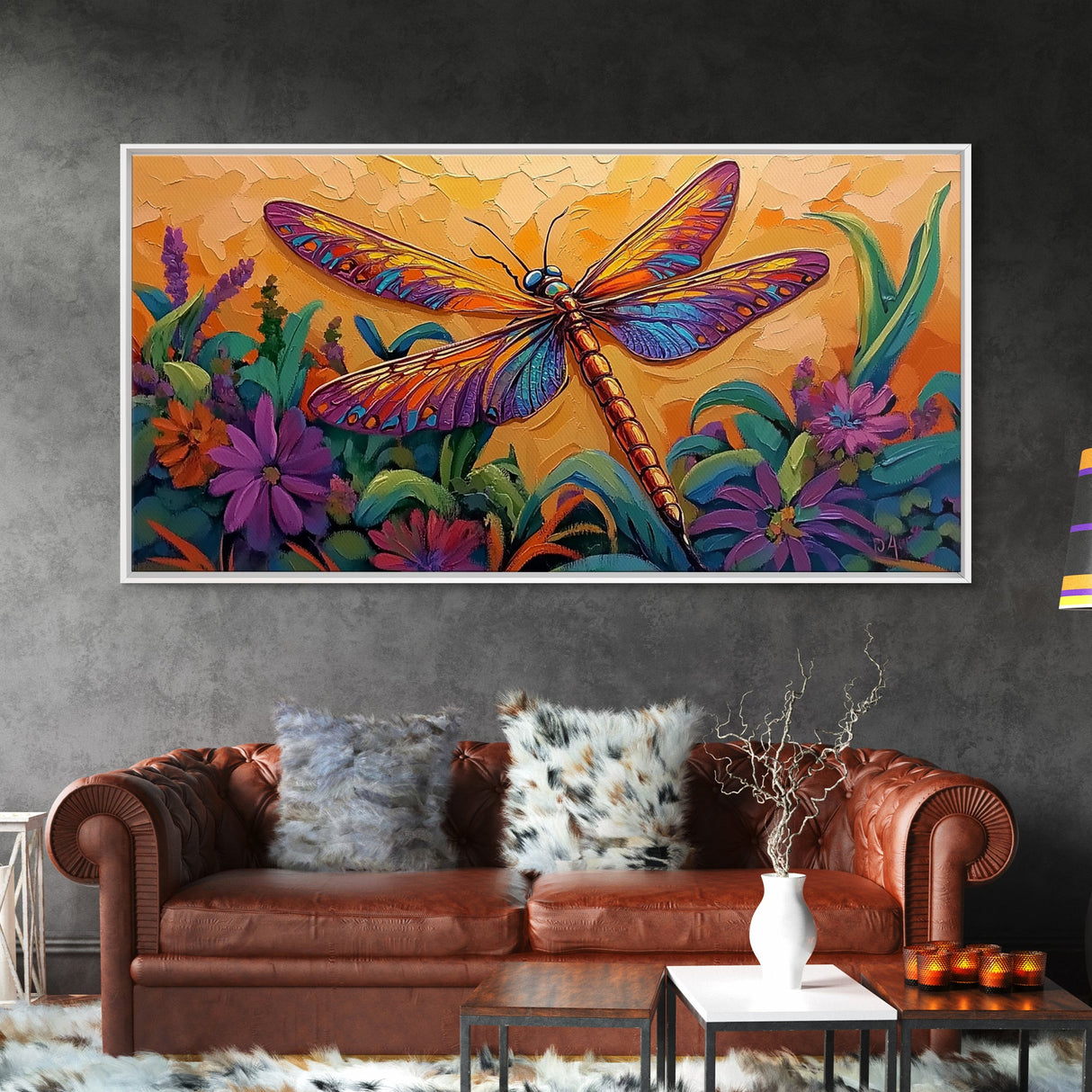 Dragonfly Garden, Sunset, Colorful Nature Canvas Print, Vibrant Insect Wall Decor, Boho Art Bedroom Accent, Summer Style
