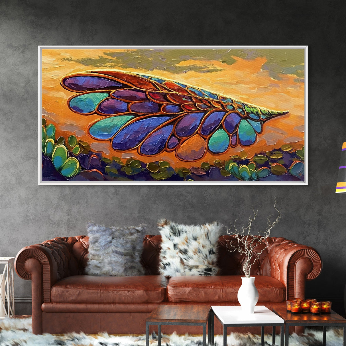 Wings Sunset, Nature, Abstract Boho Wall Art Framed Canvas Print, Colorful Dragonfly Wing Design, Living Room Focal Piece