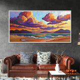 Colorful Sunset, Clouds, Mountains, Framed Canvas Print vibrant beach wall decor, sky and sea painting, boho art, coastal living room
