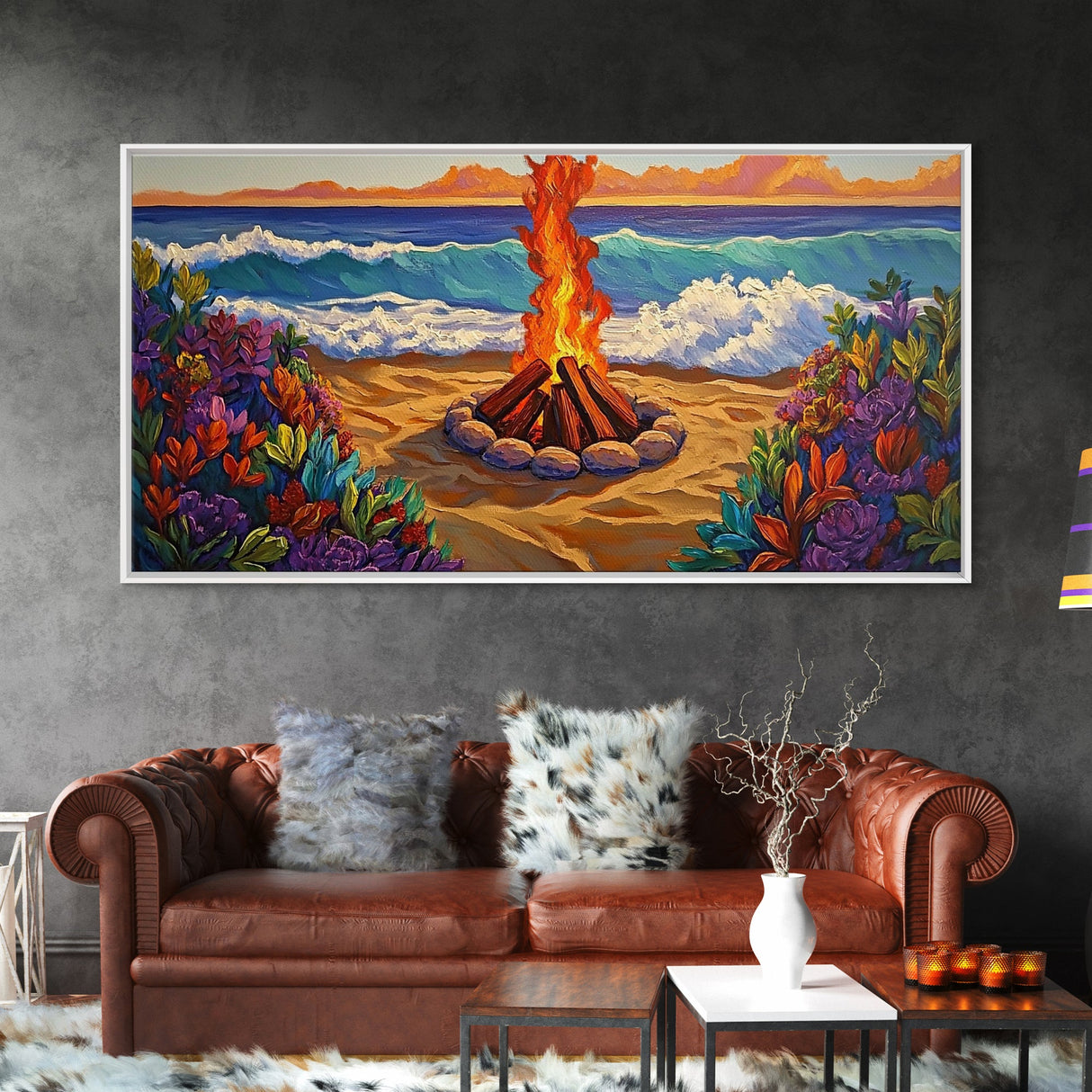 Fire Beach, Ocean, Framed Canvas Print, Sunset Beach Bonfire Painting, Vibrant Coastal Campfire Wall Art, Boho Living Room Decor