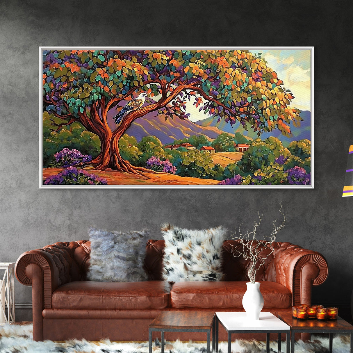 Tree Bird, Village, Sunset, Canvas Print autumn countryside art, peaceful nature wall painting, colorful landscape, farmhouse decor