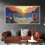 Sunset Beach, Waves, Colorful sunset beach seascape with waves and mountain view, Canvas Print, tropical coastal wall decor