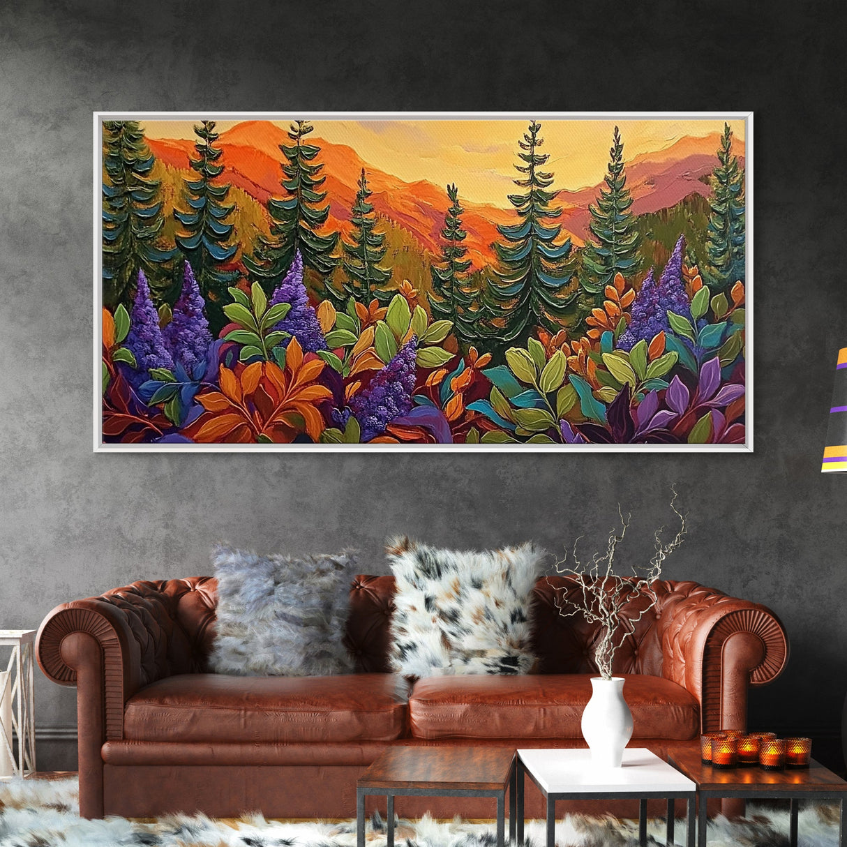 Fall Forest, Pines, Vibrant autumn forest painting with pine trees and colorful foliage, Canvas Print, Fall living room wall art