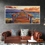Pier Ocean, Sunset, Vibrant sunset over colorful pier walkway into the sea, Framed Canvas Print, coastal living decor