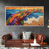Feathers, Ocean, Sunset, Vibes, Framed Canvas Print, Bold beach decor, coastal boho wall art, tropical living room statement piece