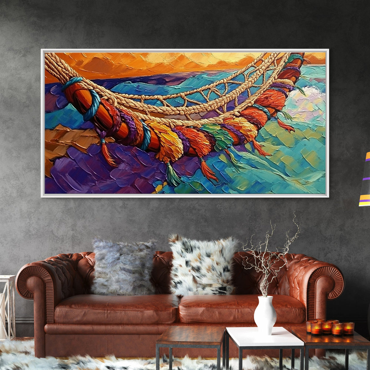 Hammock, Relax, Tropical, Sunset, Framed Canvas Print, Vibrant tropical vibes, beachy boho wall art, bedroom or sunroom decor