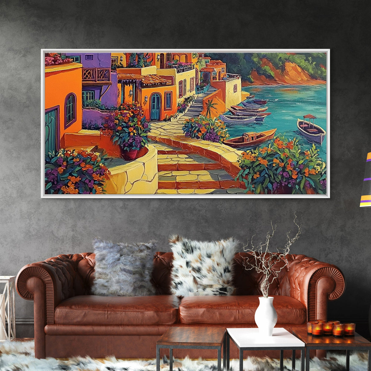 Village, Boats, Coastal, Pathway, Framed Canvas Print, Mediterranean street scene, colorful coastal home decor, kitchen wall art