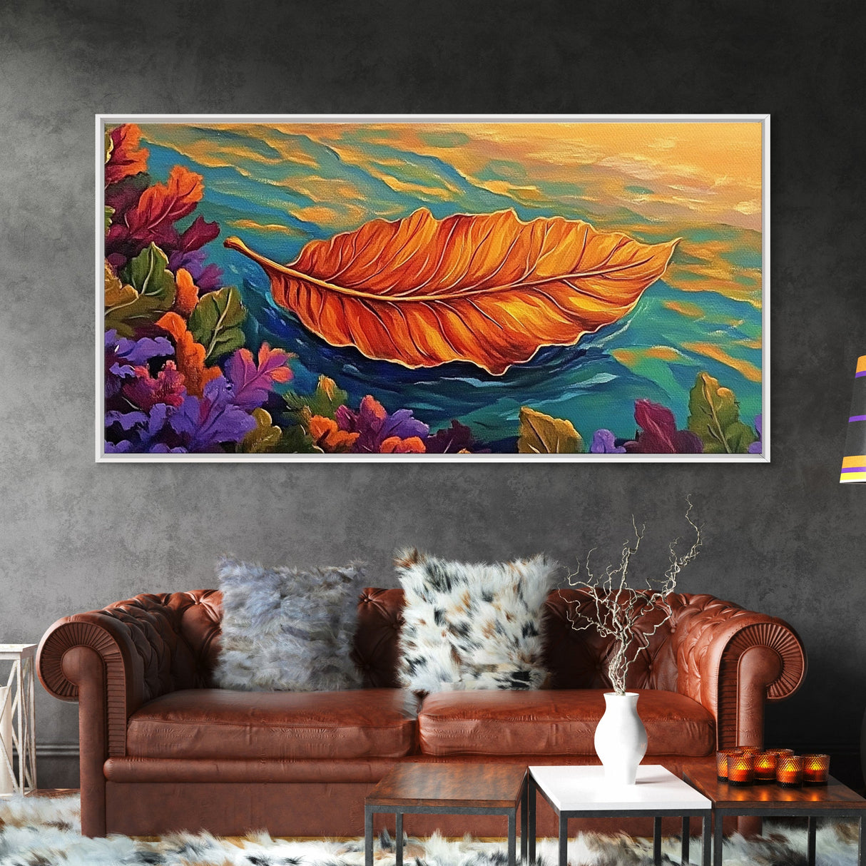Leaf, Autumn, Floating, Nature, Framed Canvas Print, Fall themed leaf painting, cozy seasonal decor, rustic kitchen wall art