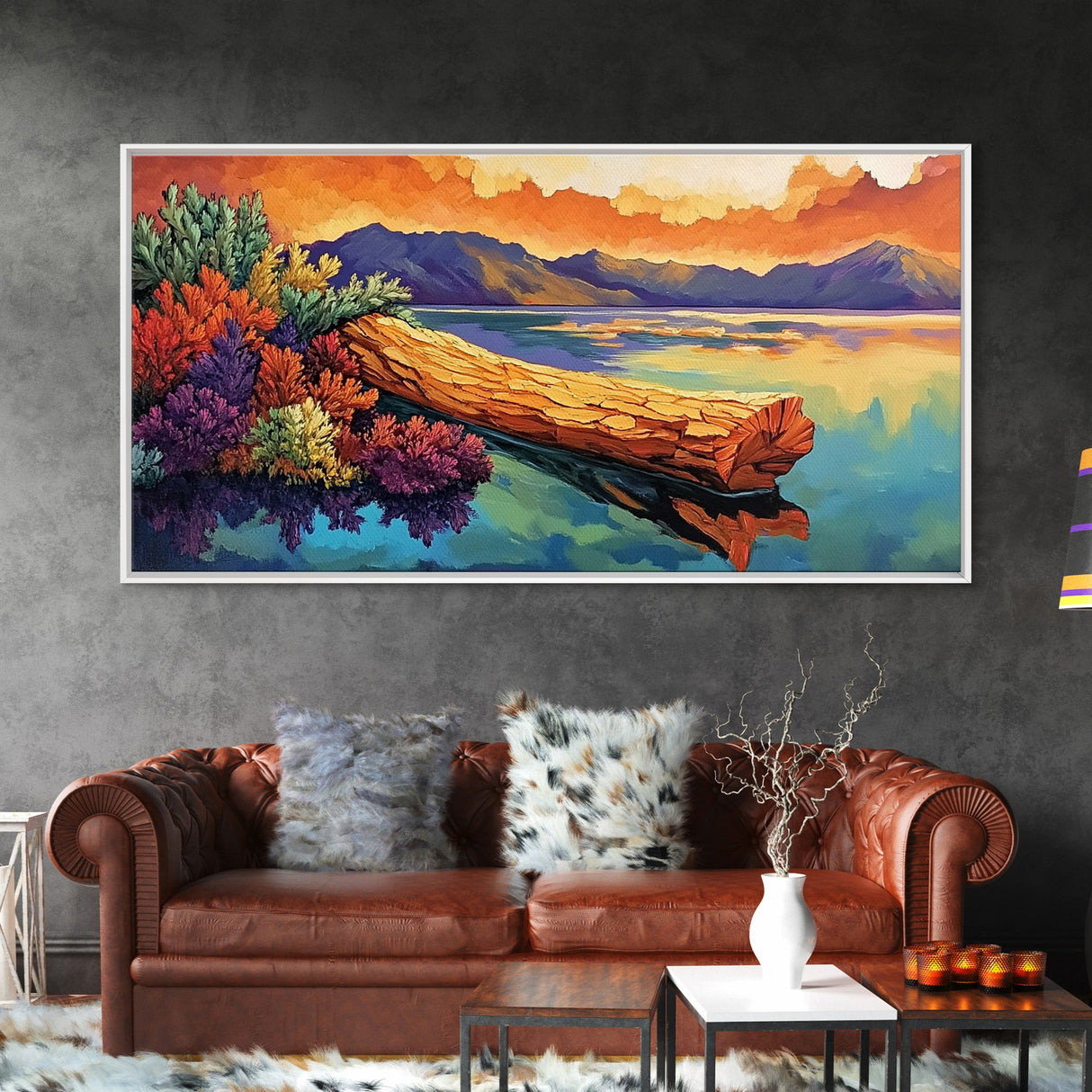 Driftwood, Water, Mountains, Nature, Framed Canvas Print, Scenic log lake art, cabin lodge vibes, peaceful living room wall decor