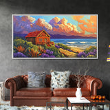 Cabin by Ocean, Colorful Beach Sunset, Cloudy Sky Art, Canvas Print, Autumn Wall Decor, Cozy Living Room Art, Rustic Coastal Scene