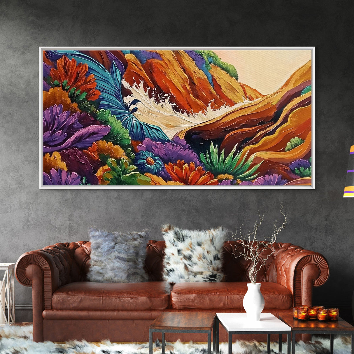 Rocky Wave Crash, Bold Ocean Splash, Coastal Nature Art, Framed Canvas Print, Vibrant Bathroom Decor, Colorful Beach Scene
