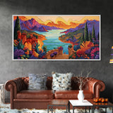 Fantasy Canyon View, Vibrant Mountain Art, Lakeside Sunset, Canvas Print, Mediterranean Decor, Dreamscape Wall Art, Nature Painting