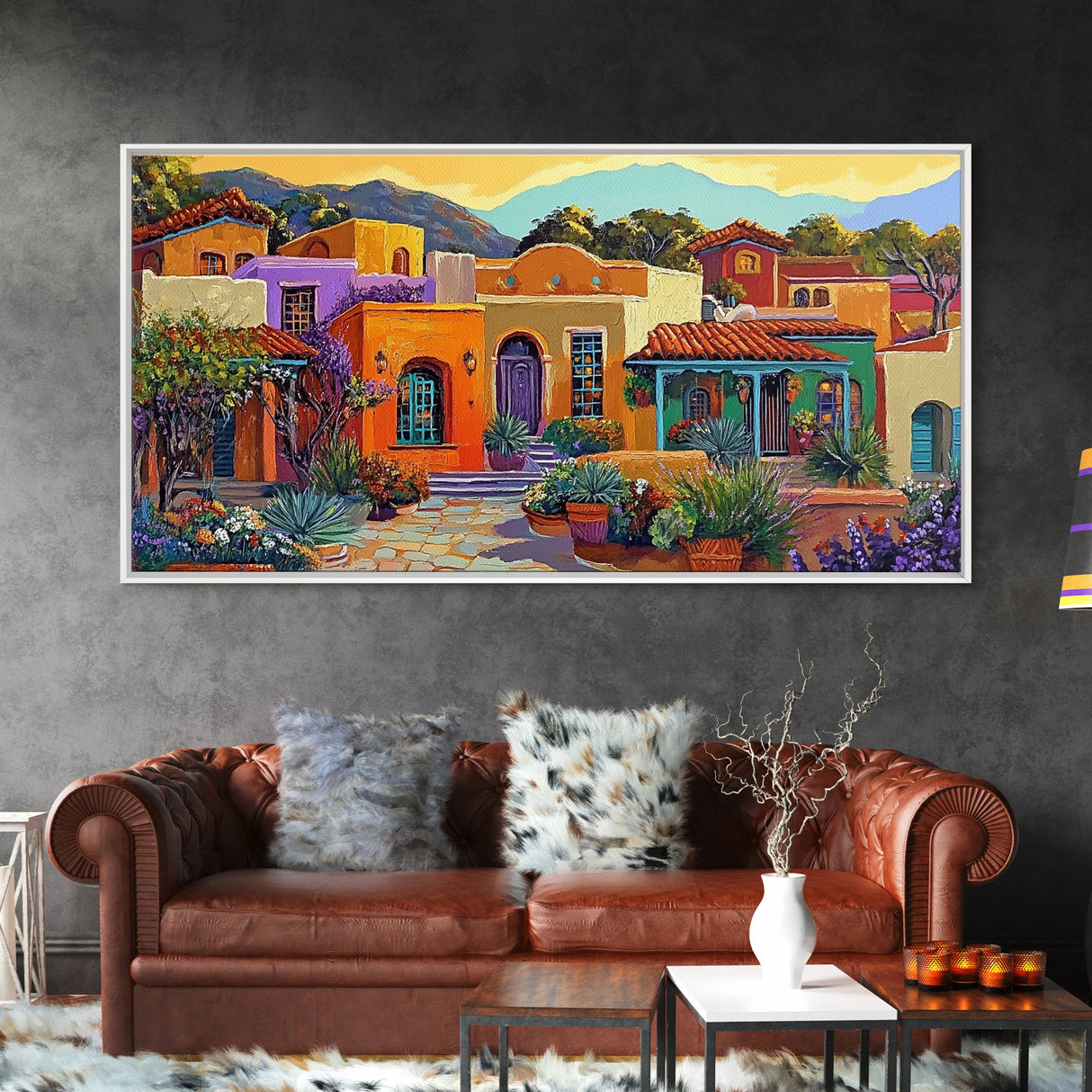 Colorful Adobe Homes, Desert Village Scene, Southwest Art Style, Canvas Print, Boho Wall Decor, Vibrant Courtyard Painting