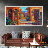 Spanish Courtyard, Colorful Villa Street, Southwest Patio Art, Framed Canvas Print, Mediterranean Home Decor, Rustic Wall Art