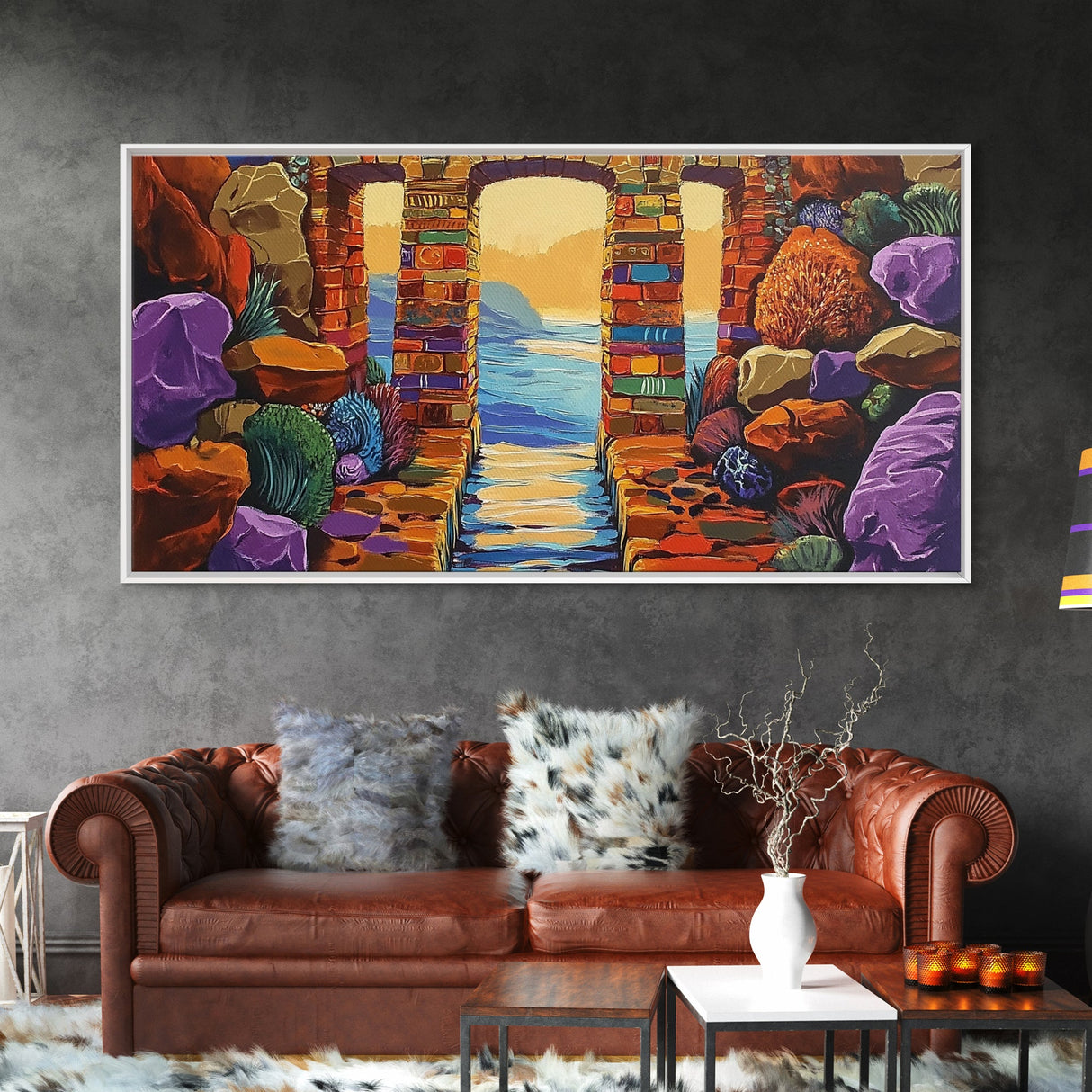 Ocean Doorway View, Colorful Stone Arch, Vibrant Seaside Escape, Canvas Print, Boho Coastal Wall Art, Mediterranean Dream Artwork