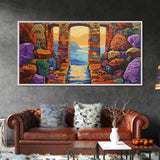 Ocean Doorway View, Colorful Stone Arch, Vibrant Seaside Escape, Canvas Print, Boho Coastal Wall Art, Mediterranean Dream Artwork