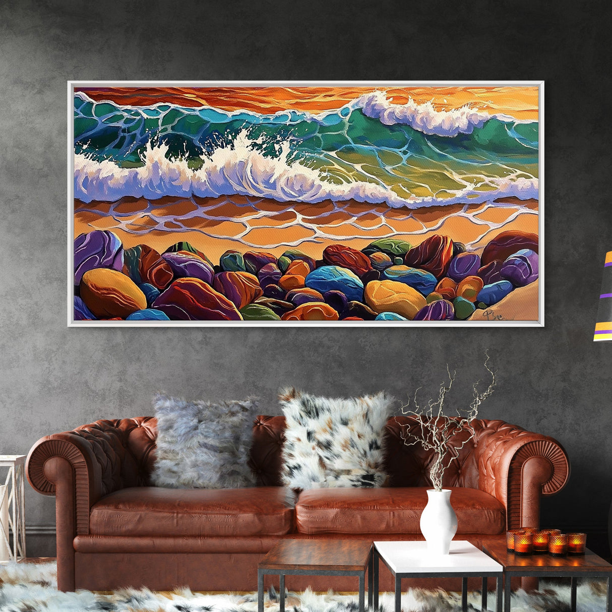 Colorful Ocean, Stones, Framed Canvas Print, Sunset wave beach scene, Living Room Wall Art, coastal decor, boho landscape painting