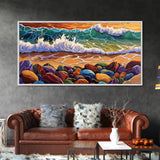 Colorful Ocean, Stones, Framed Canvas Print, Sunset wave beach scene, Living Room Wall Art, coastal decor, boho landscape painting