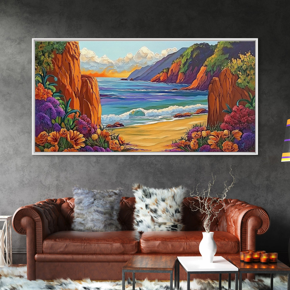 Ocean Cliffside, Flowers, Canvas Print, Colorful beachscape painting, Bathroom Wall Art, vibrant coastal decor,beach flower wall art