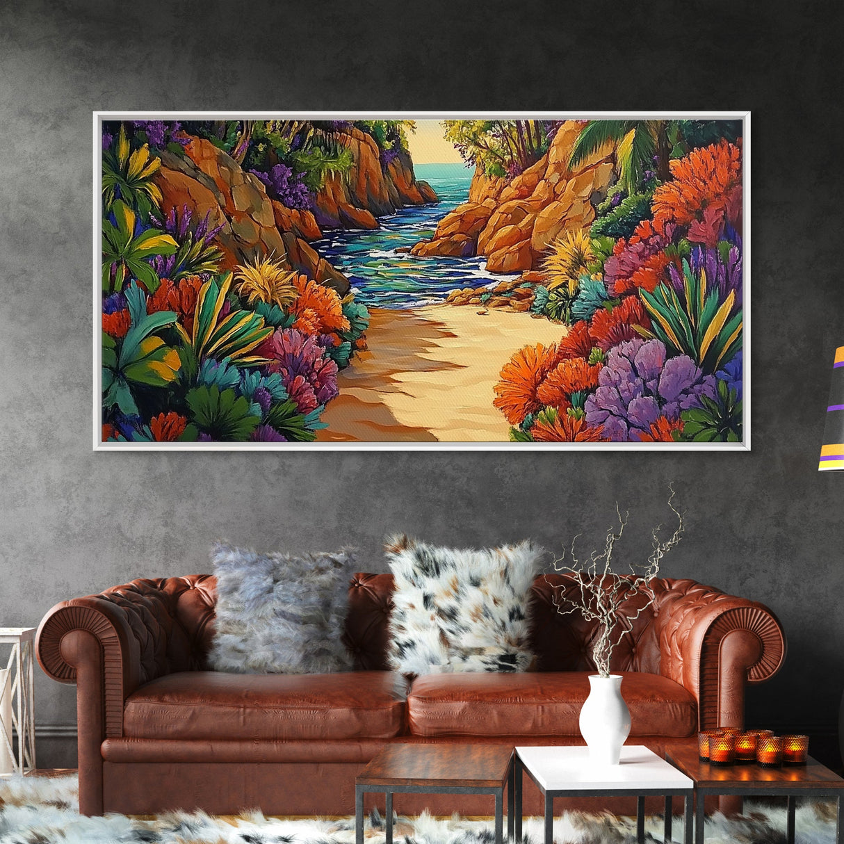 Jungle Cove, Bright, Canvas Print, Lush tropical jungle path to sea, Dining Room Wall Art, nature artwork, bohemian coastal print