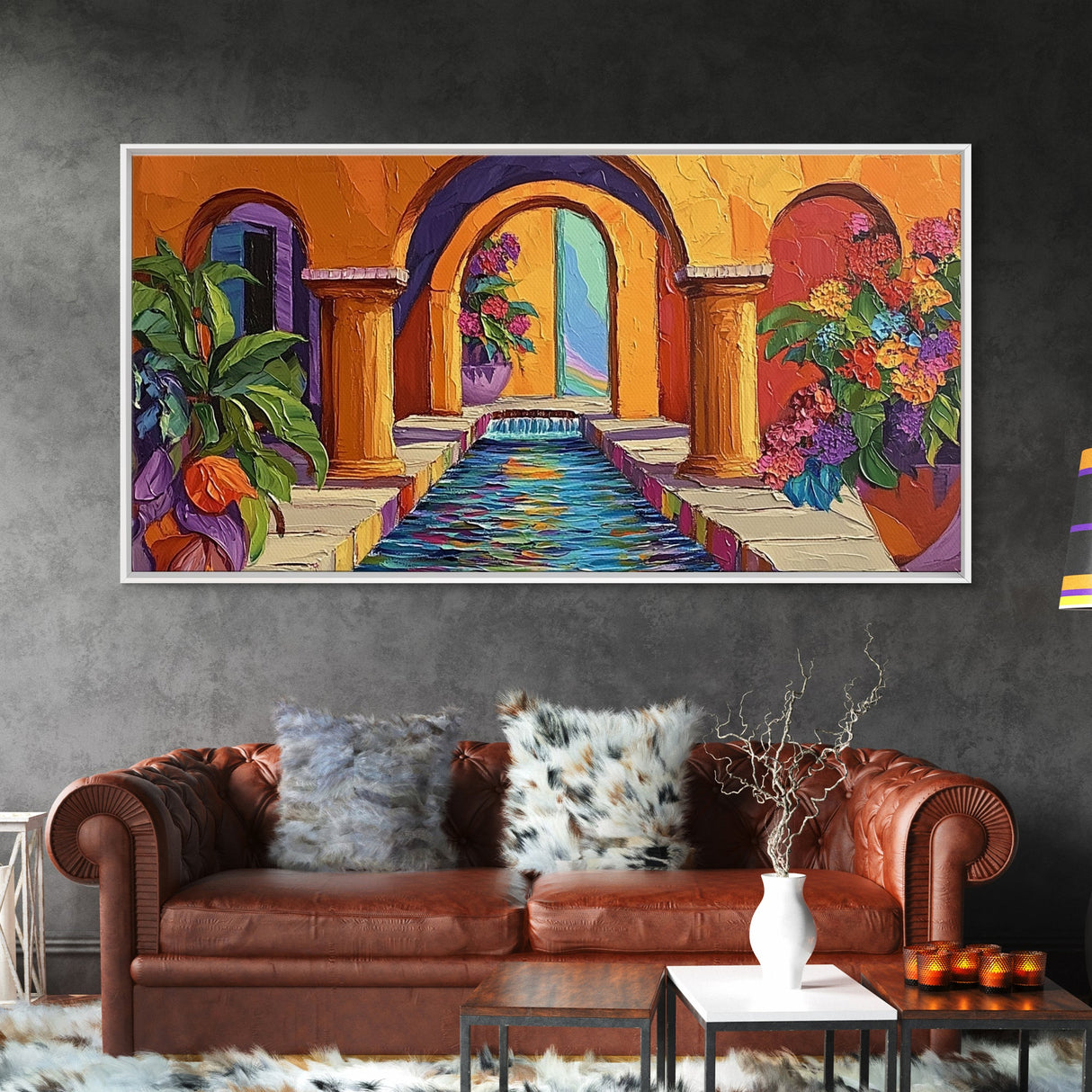 Courtyard Fountain, Colorful, Mediterranean, Framed Canvas Print, Spanish Style Art, Hallway Wall Decor, Bold Architecture Painting