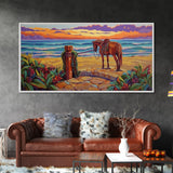 Horse Beach, Sunset, Western, Framed Canvas Print, Cowboy Art, Coastal Wall Decor, Rustic Boho Style, Entryway Statement Piece