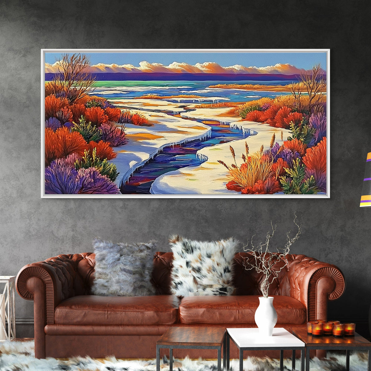 Winter River, Snow, Colorful, Framed Canvas Print, Winter Wonderland Art, Vibrant Seasonal Landscape, Cozy Cabin Wall Decor
