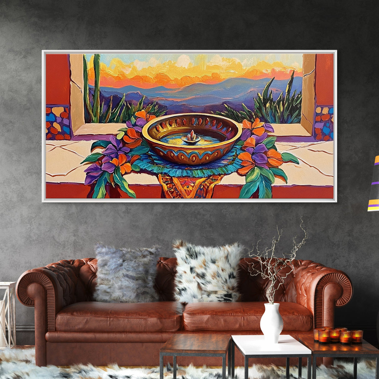 Fountain Sunset Flowers, Serenity, Framed Canvas Print, Southwestern Wall Art, Boho Vibe, Tranquil Home Decor, Kitchen or Entryway Art