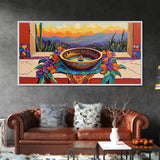 Fountain Sunset Flowers, Serenity, Framed Canvas Print, Southwestern Wall Art, Boho Vibe, Tranquil Home Decor, Kitchen or Entryway Art
