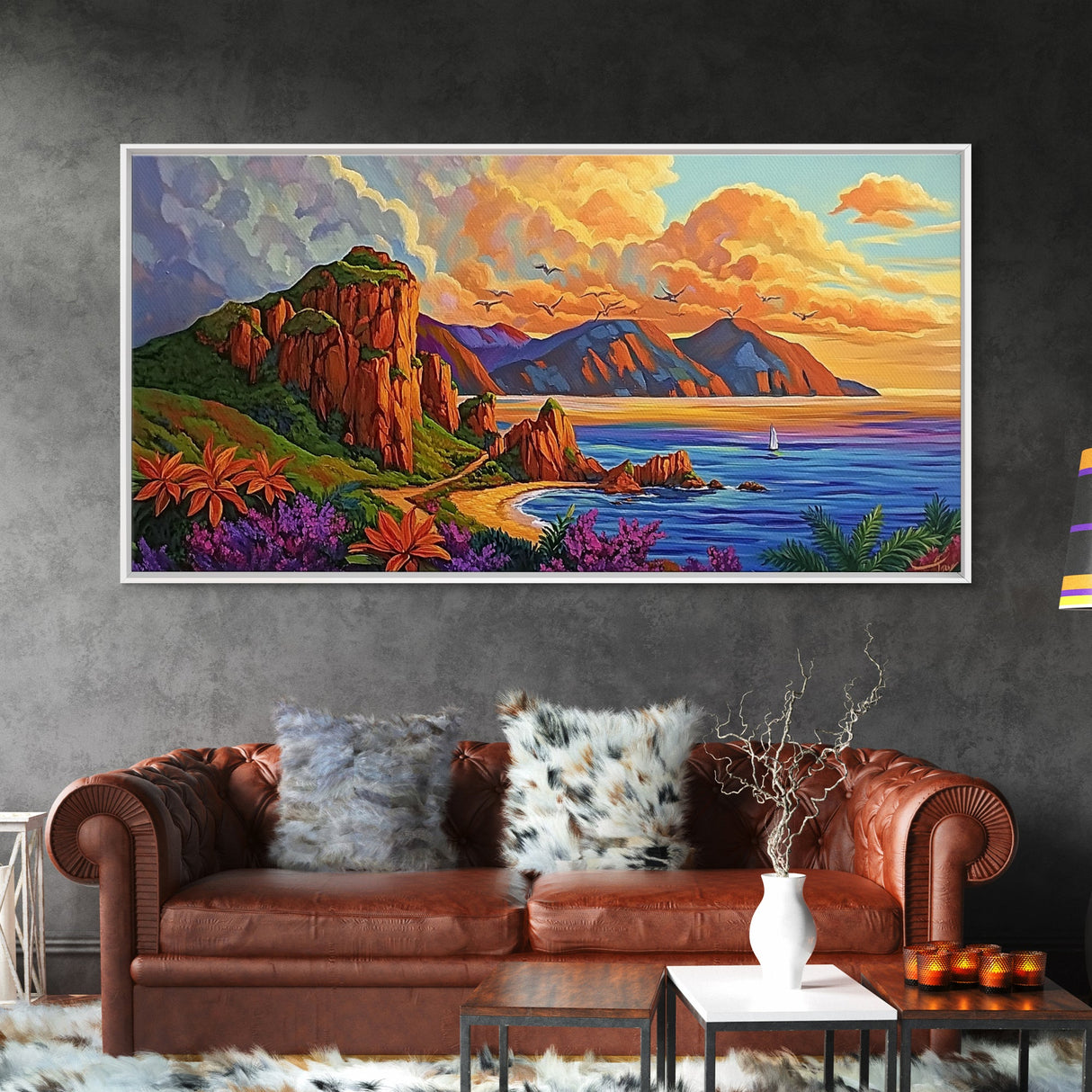 Coastline Mountains, Sunset, Landscape, Framed Canvas Print, Seascape Wall Art, Coastal Decor, Colorful Landscape, Living Room Beach Art