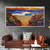 Waves Beach, Sunset, Coastal, Framed Canvas Print, Ocean Wall Art, Colorful Seascape Decor, Nautical Living Room Accent, Coastal Vibes