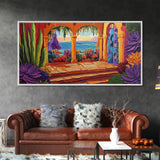 Patio Ocean, Paradise, View, Canvas Print tropical patio view art, living room coastal decor, sunset painting, Mediterranean vibes