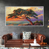 Tree Coast, Storm, Drama, Framed Canvas Print ocean pine tree artwork, landscape wall decor, moody nature art, living room accent