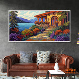 Lake Cabin, Garden, Pathway, Framed Canvas Print lakeside retreat artwork, rustic home wall art, cozy landscape scene, autumn print