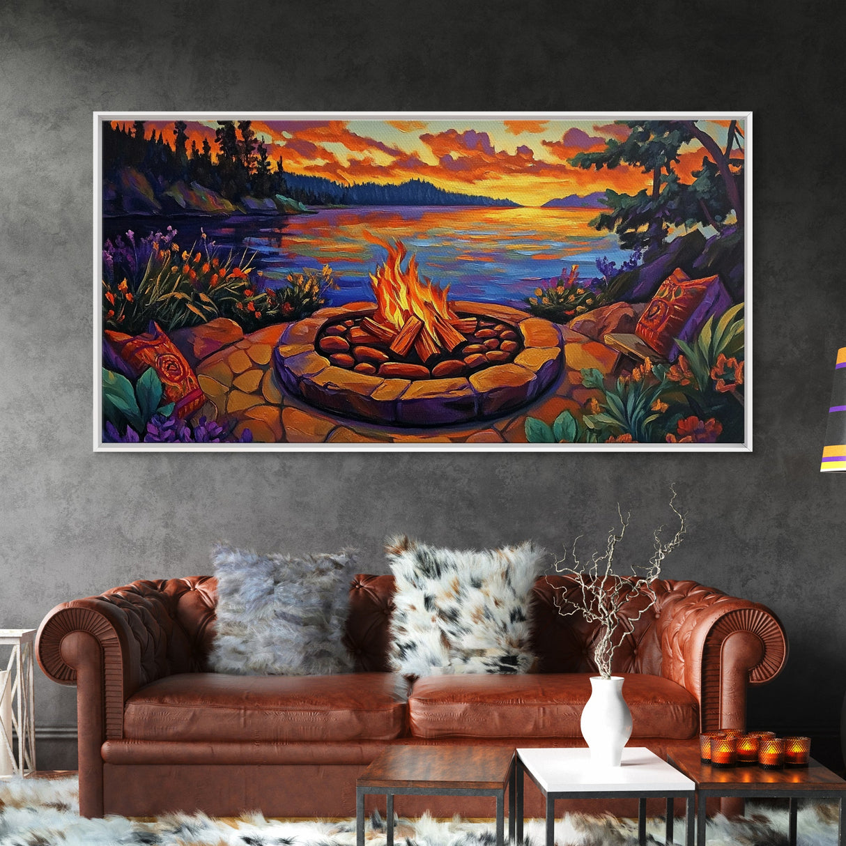 Firepit Sunset, Cozy, Night, Canvas Print warm evening campfire artwork, fall wall decor, lakeside cabin print, romantic outdoor setting