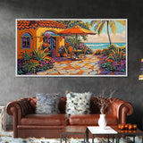 Patio Palm, Ocean, Framed Canvas Print, Tropical Patio Garden Scene, Warm Mediterranean Style Wall Decor,  Dining Room Art