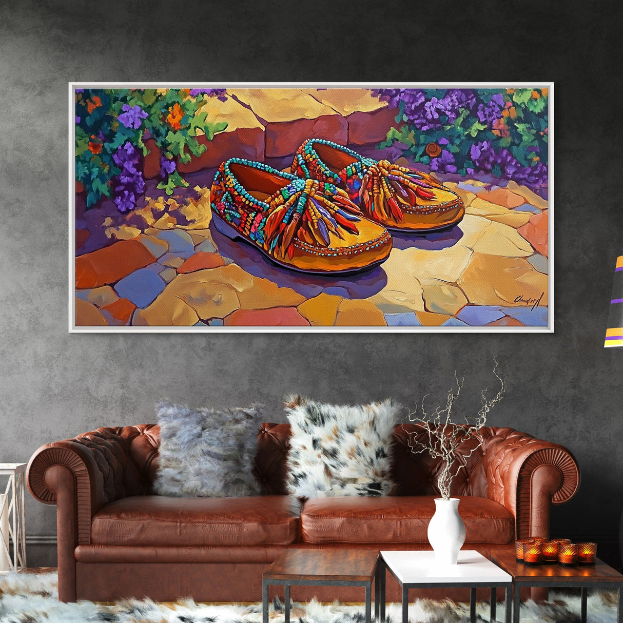 Colorful Moccasins, Boho, Style, Framed Canvas Print, vibrant moccasin shoes, Boho Decor, Bedroom Wall Art, Southwestern art