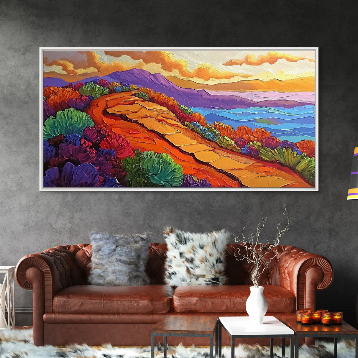 Pathway Mountain, Trail, Sunset, Framed Canvas Print adventure lovers gift, hiking trail art, colorful landscape wall decor
