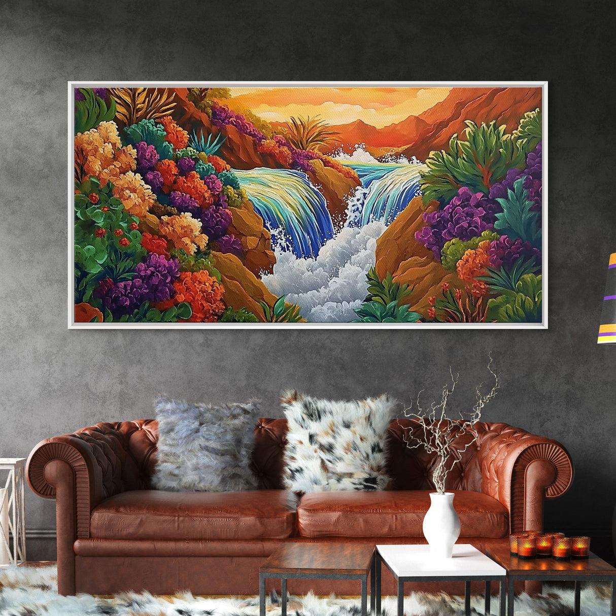 Sunset Waterfall, Vibrant Jungle, Tropical Landscape, Framed Canvas Print, Boho Wall Art, Bathroom or Bedroom Decor, Nature Painting
