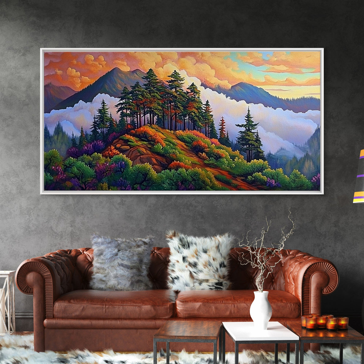 Mountain Trees, Sunset Ridge, Cloudy Peaks, Framed Canvas Print, Nature Inspired Wall Art, Autumn Living Room or Office Decor