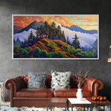 Mountain Trees, Sunset Ridge, Cloudy Peaks, Framed Canvas Print, Nature Inspired Wall Art, Autumn Living Room or Office Decor