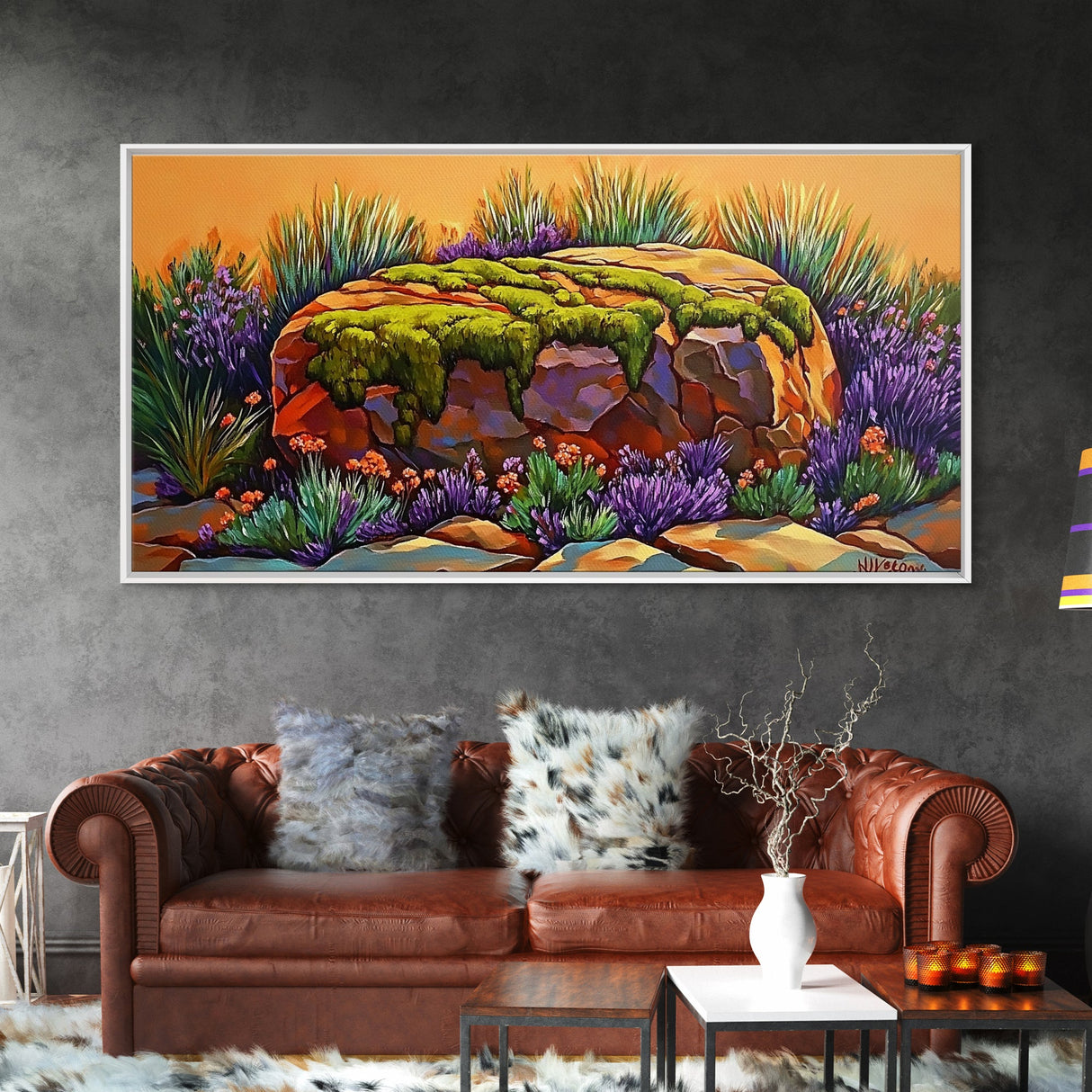 Moss Rock, Desert Garden, Sunset Stone, Framed Canvas Print, Rustic Wall Art, Kitchen or Bathroom Decor, Desert Botanical Artwork