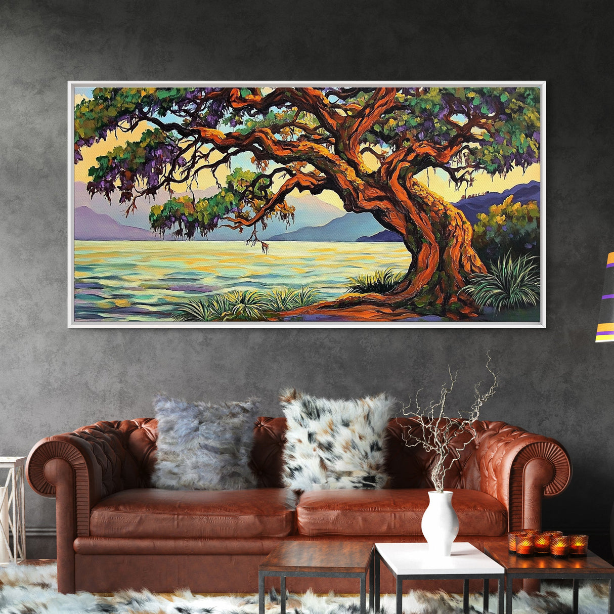Twisted Tree, Lakeside Sunset, Majestic Oak, Canvas Print, Nature Wall Art, Living Room or Office Decor, Scenic Landscape Painting