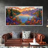 Mountain Lake, Sunset Reflection, Wildflower Meadow, Canvas Print, Vibrant Nature Art, Living Room or Cabin Wall Decor