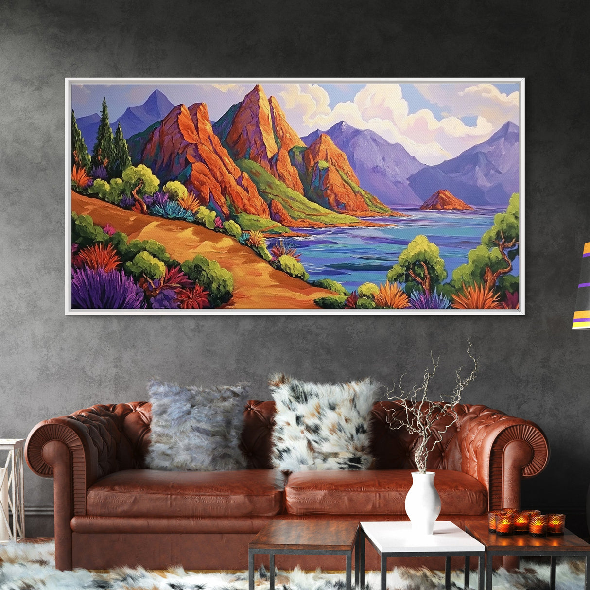 Coastal Cliffs, Tropical Shoreline, Sunset Mountains, Canvas Print, Boho Nature Wall Art, Office Decor, Landscape Painting