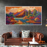 Sunset Lake, Autumn Trees, Mountain Reflections, Framed Canvas Print, Cozy Fall Wall Art, Bedroom Decor, Warm Landscape Painting