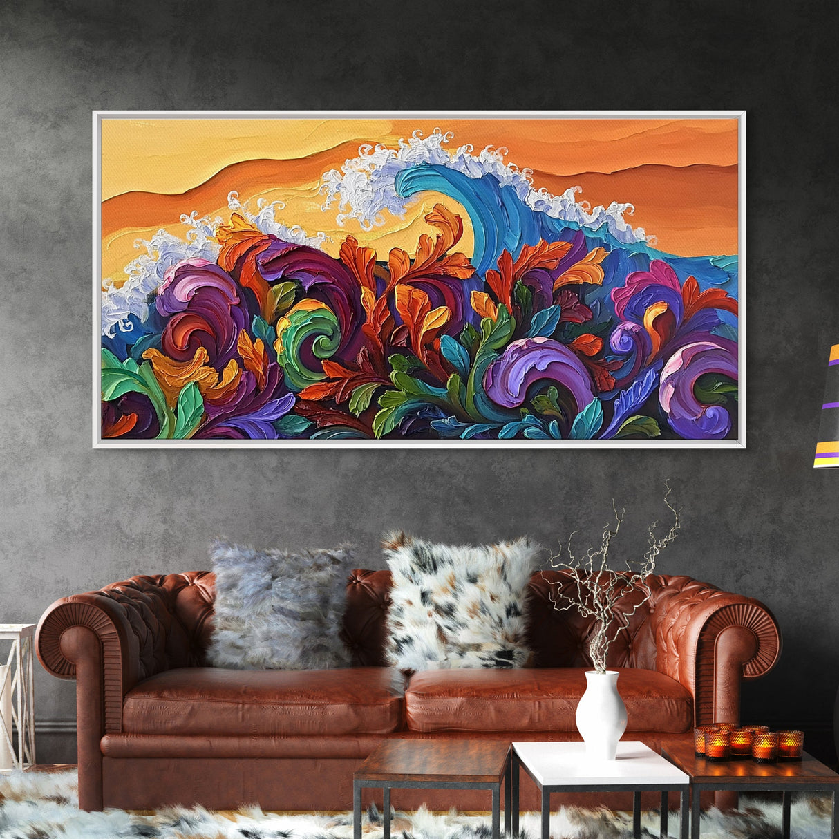 Abstract Wave, Tropical Swirl, Sunset Motion, Framed Canvas Print, Colorful Modern Wall Art, Living Room Decor, Bold Ocean Art