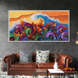 Abstract Wave, Tropical Swirl, Sunset Motion, Framed Canvas Print, Colorful Modern Wall Art, Living Room Decor, Bold Ocean Art